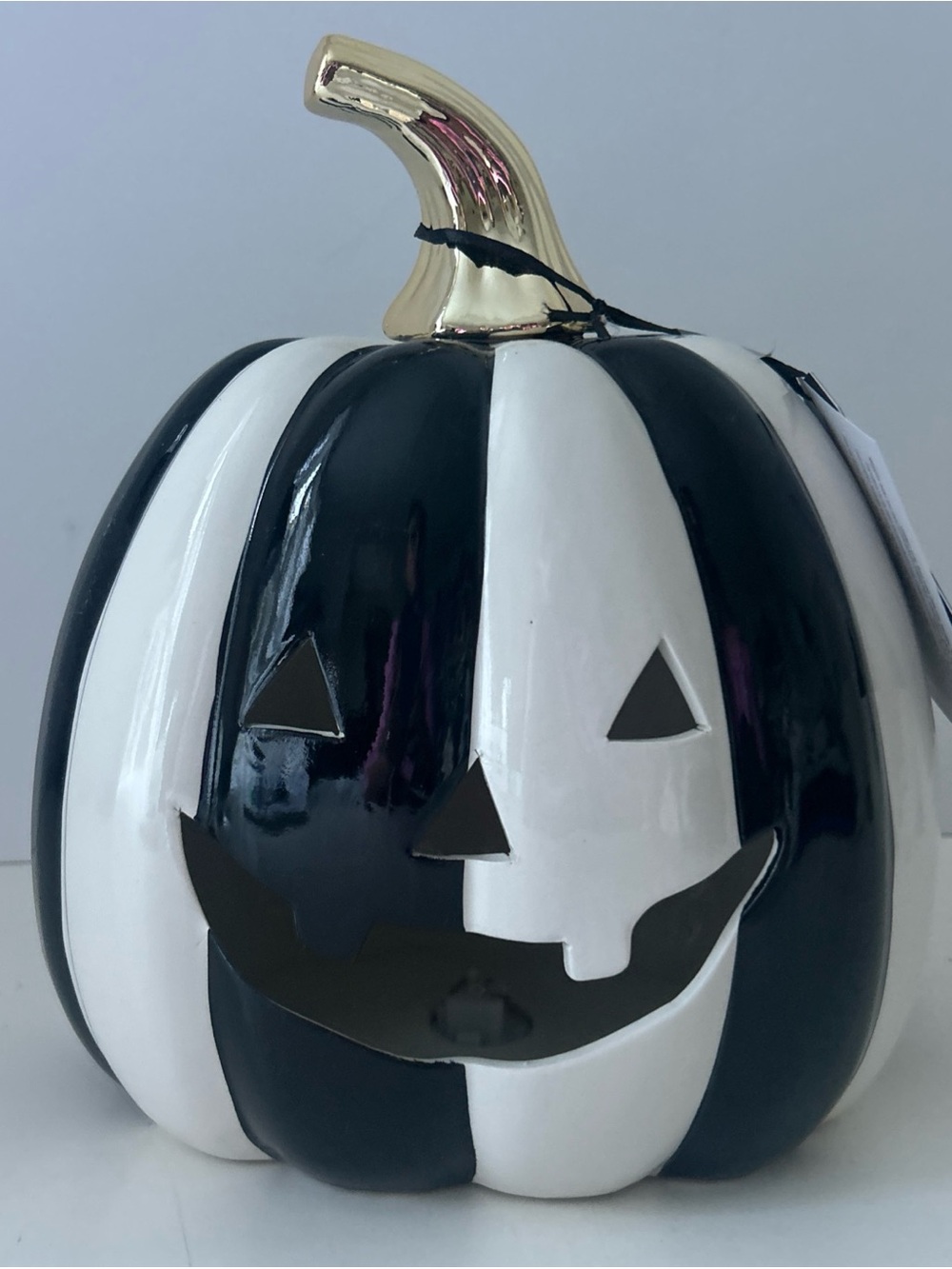 Halloween Black & White LED Jack-o'-Lantern Pumpkin with Gold Stem Contemporary